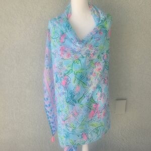 Lilly Pulitzer Pareo Wrap/Scarf Sway This Way Blue Pink Print Tassels 40X74